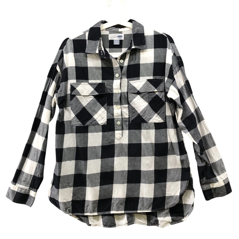 Old Navy Women’s Boyfriend Flannel Popover Shirt Black White Checkered Size L